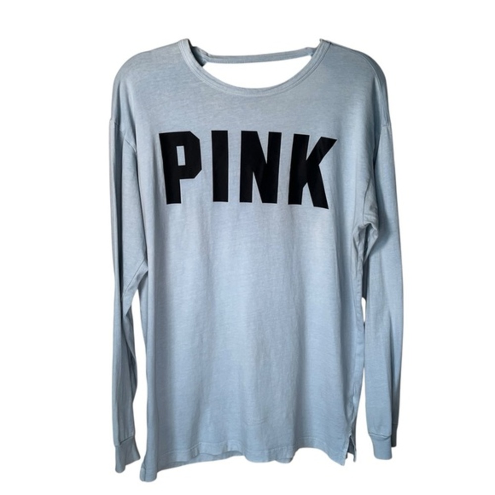 Victoria’s Secret PINK Open Back Long Sleeve Logo Shirt Blue Womens M Cotton